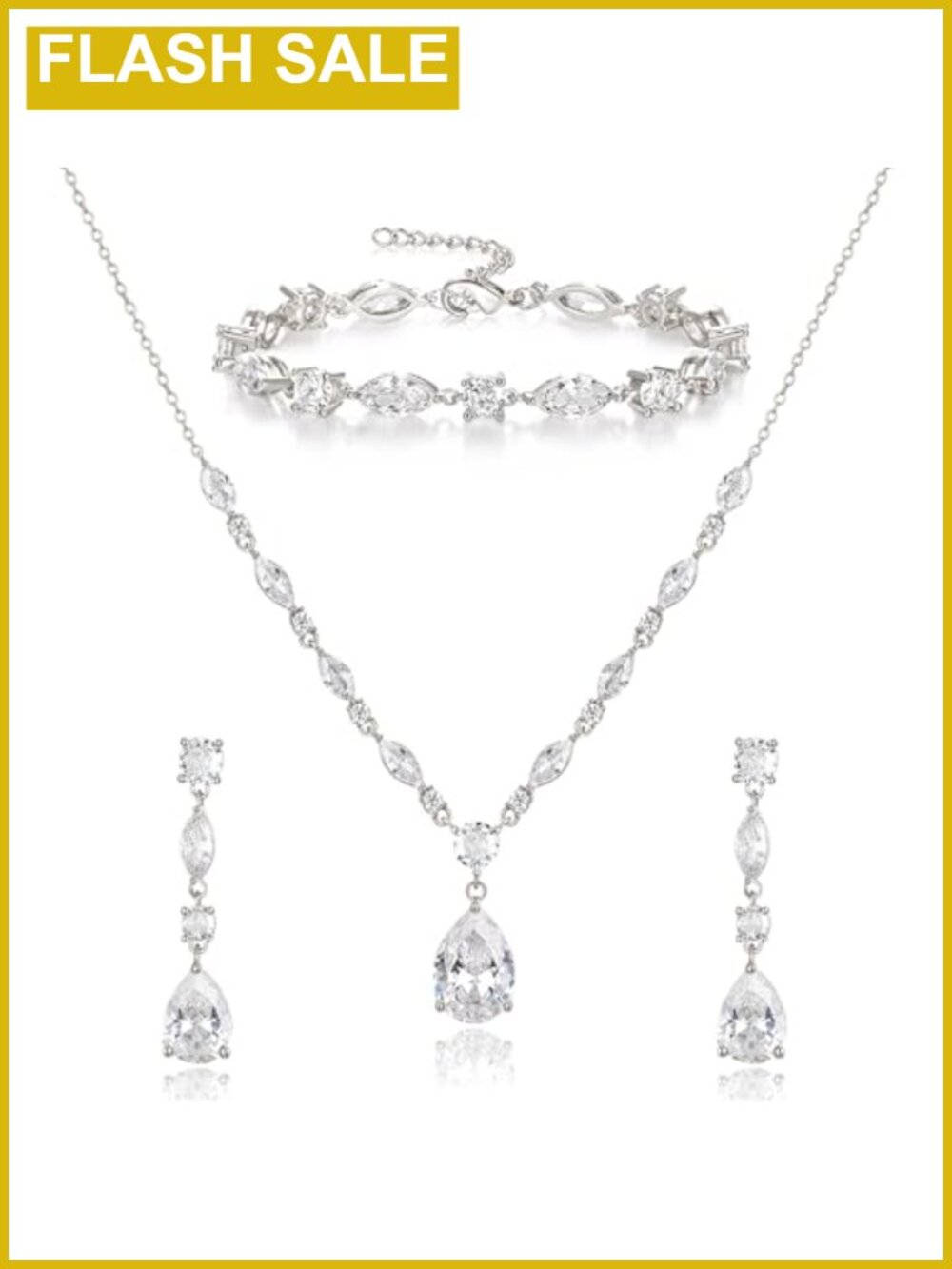 Cubic Zirconia Teardrop Marquise Necklace Earrings Bracelet Set